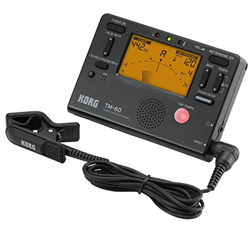 TM-60 black and white metronome tuner with digital display showing BPM and rhythm settings