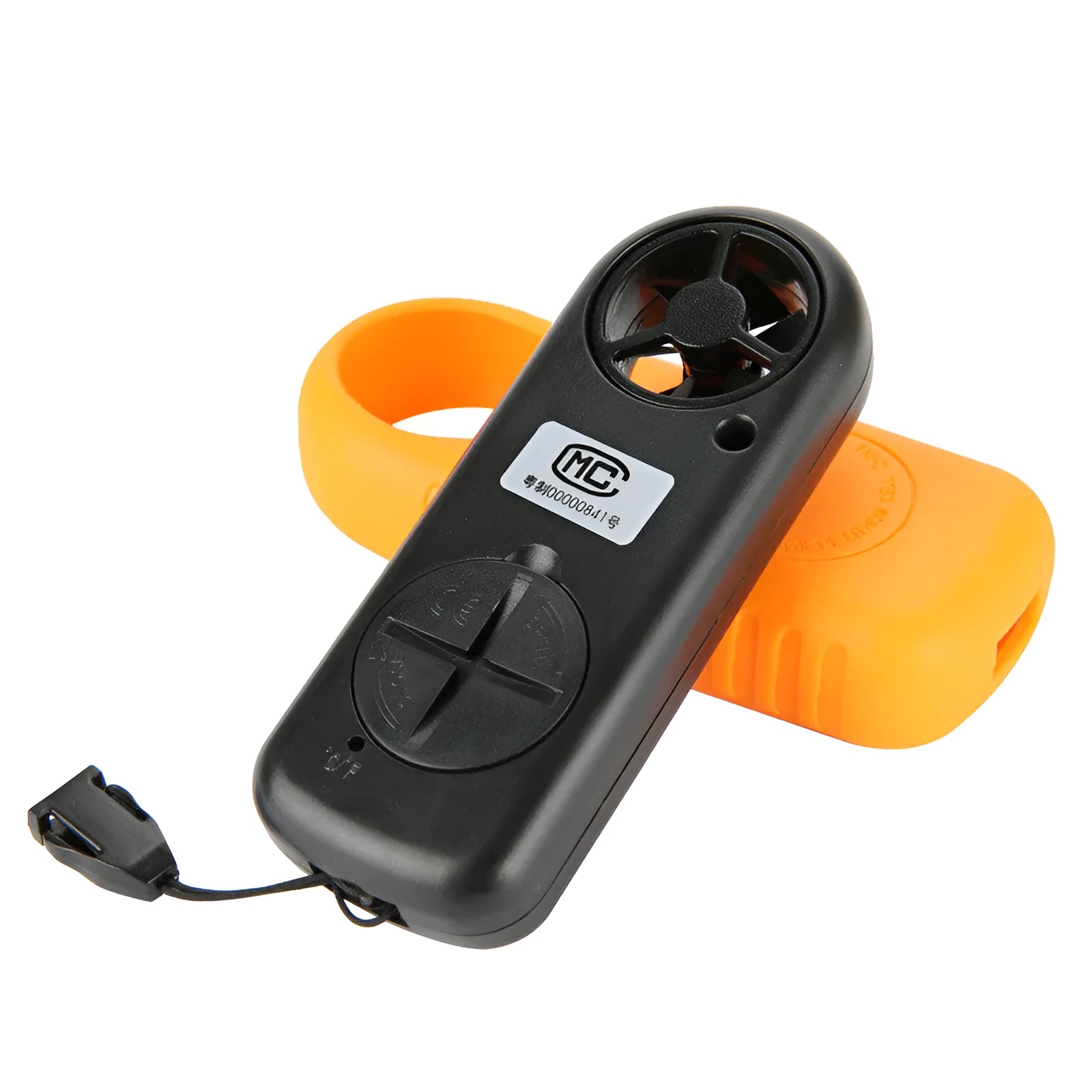 Orange digital portable wind speed measuring instrument anemometer showing compact 105x40x18mm size