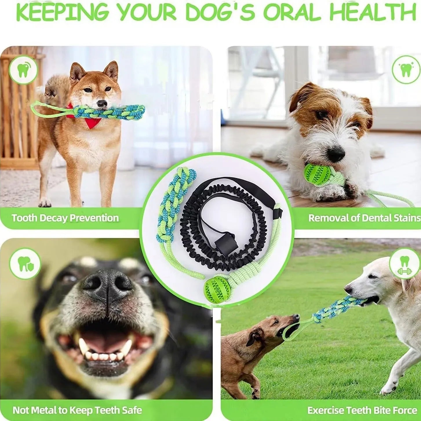 Green cotton dog tug rope toy with four design variations for tug of war play