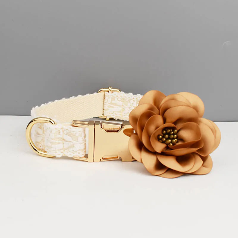 Four-piece dog wedding accessory set with lace collar vest, matching leash, and decorative flowers