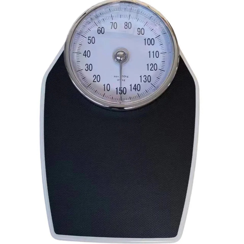 Black mechanical bathroom weight scale with large dial on a 47x35cm platform.