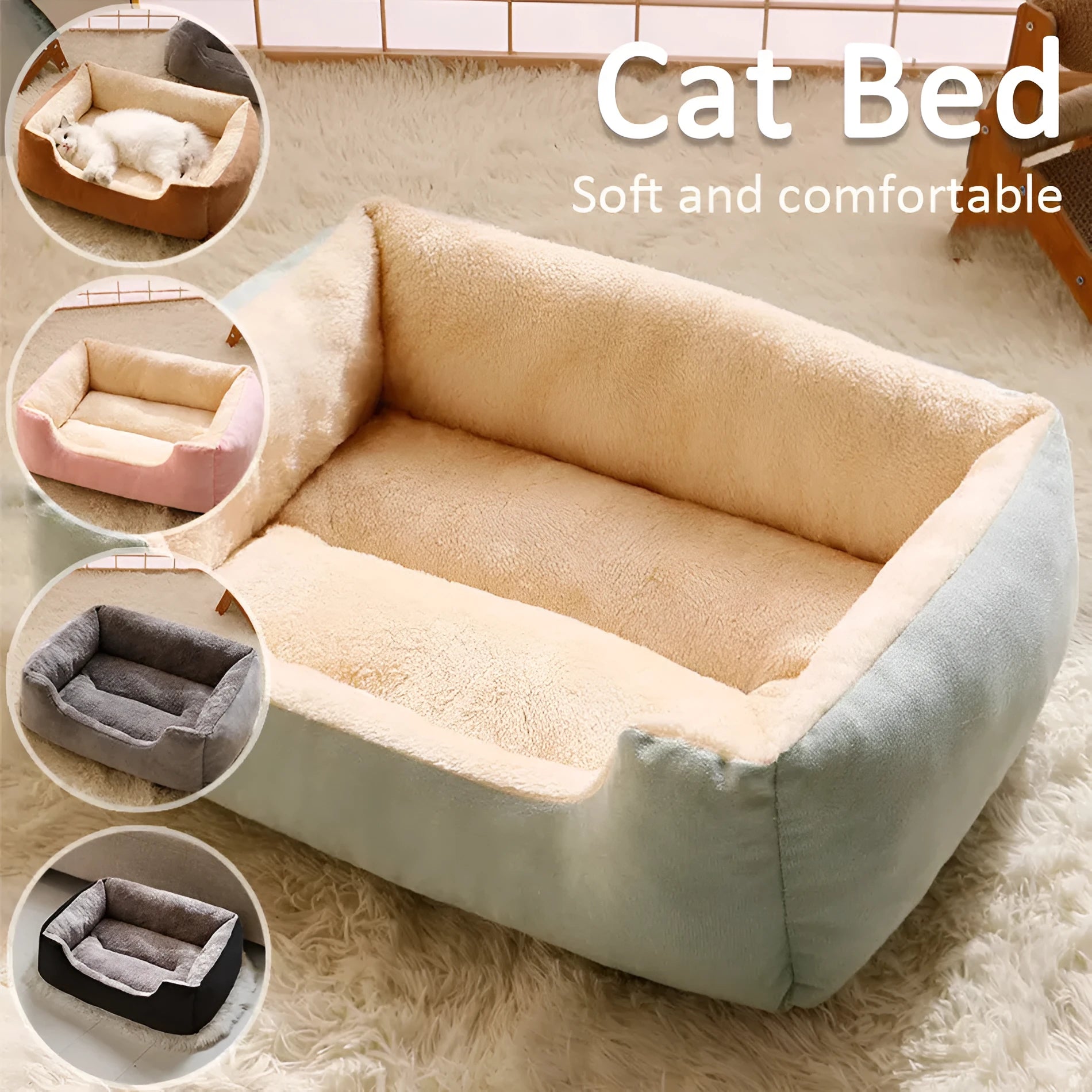 Short plush pet bed cushion shown in multiple colours and labelled sizes from S to XXL.