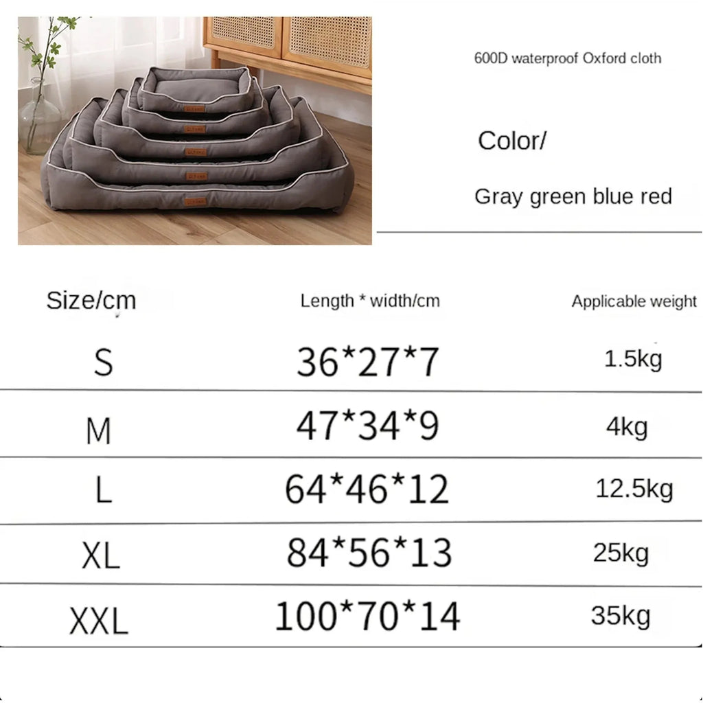 Grey waterproof dog sofa bed with raised edges, shown in a living room setting.