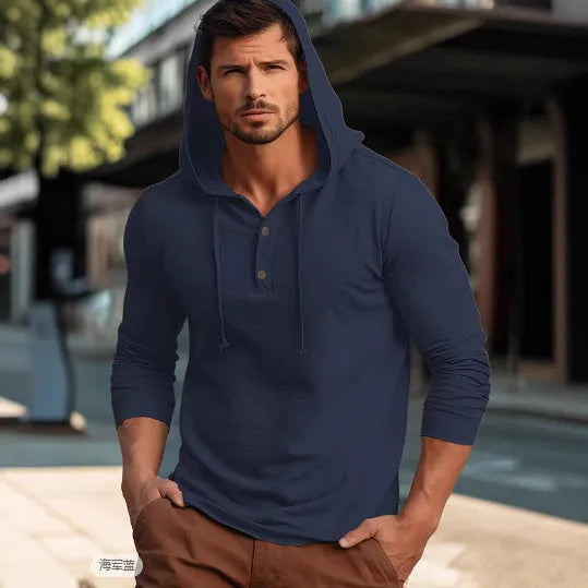 Men's casual cotton hoodie top in dark blue colour showing pullover design with long sleeves