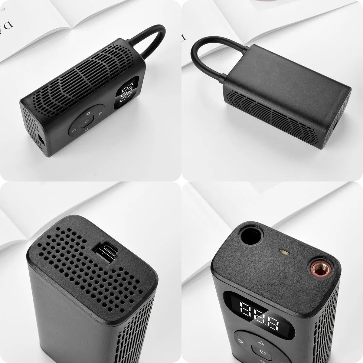 Black M09X portable tyre inflator power bank with USB cable and 16cm hose on grey background