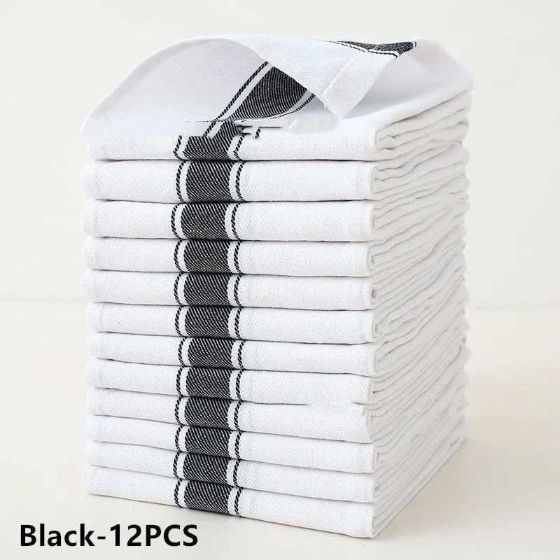 Twelve striped cotton dish towels laid flat showing 48x70cm size