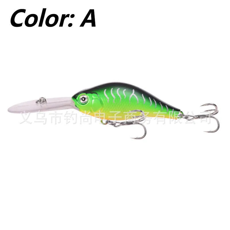 10.5cm long tongue board Mino fishing lure in colour option A, shown alongside other colour variants B through E.