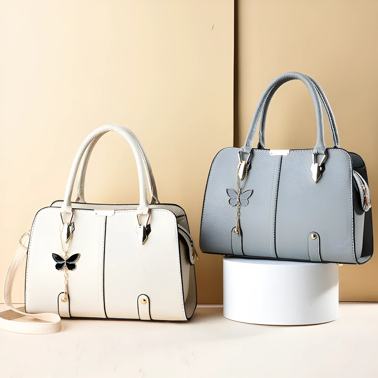 Large capacity lychee pattern women's handbag in PU – horizontal square shape with double straps
