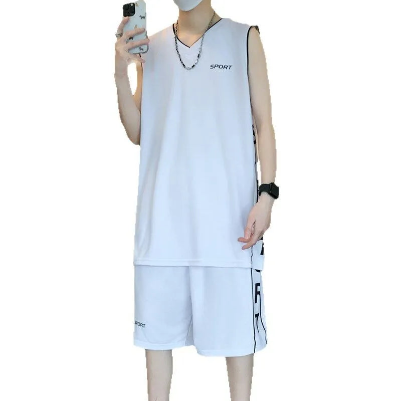 Basketball sports suit comprising sleeveless vest and matching shorts in polyester fabric