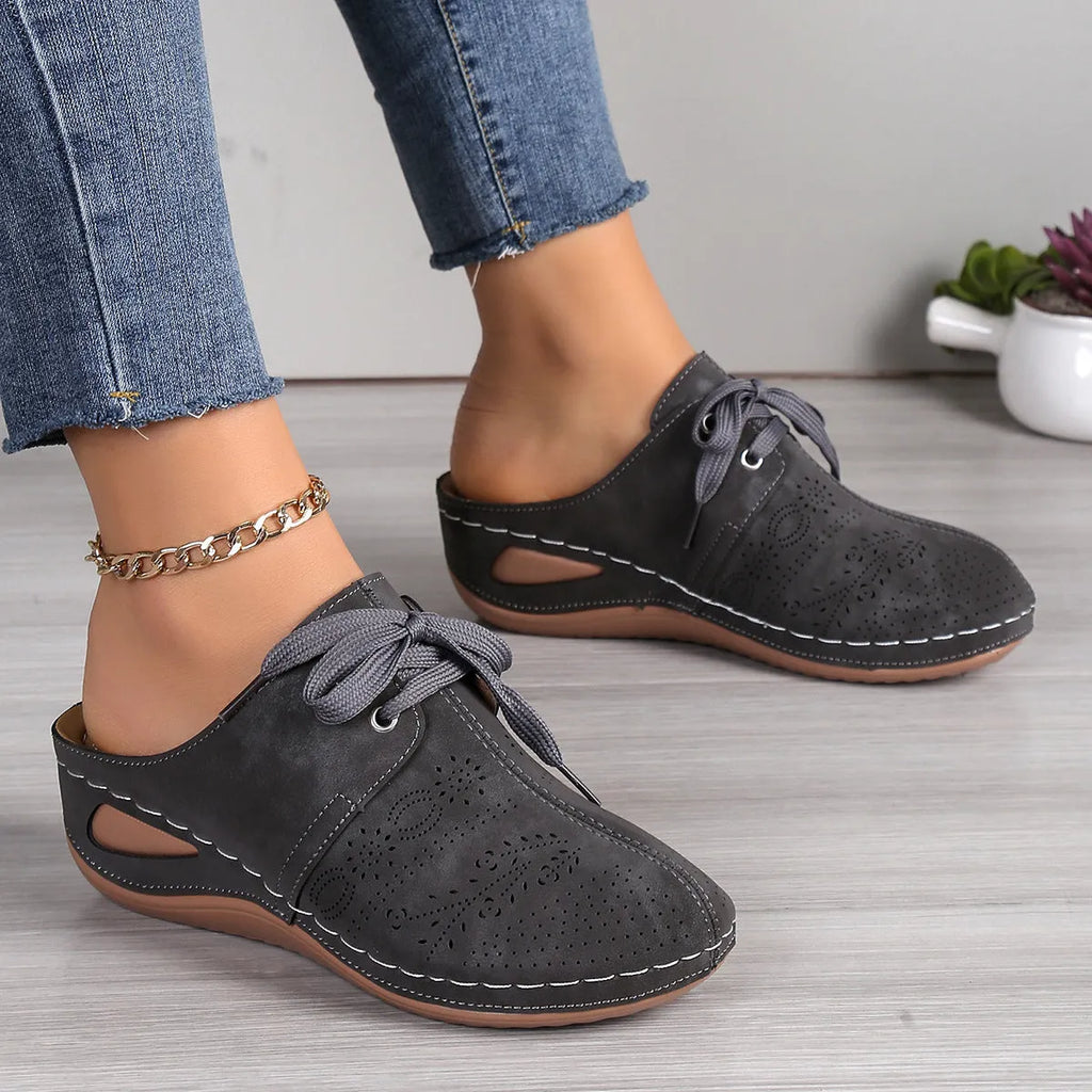 Women's baotou lace-up slippers with hollow out wedges in suede upper and rubber sole