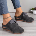 Women's baotou lace-up slippers with hollow out wedges in suede upper and rubber sole