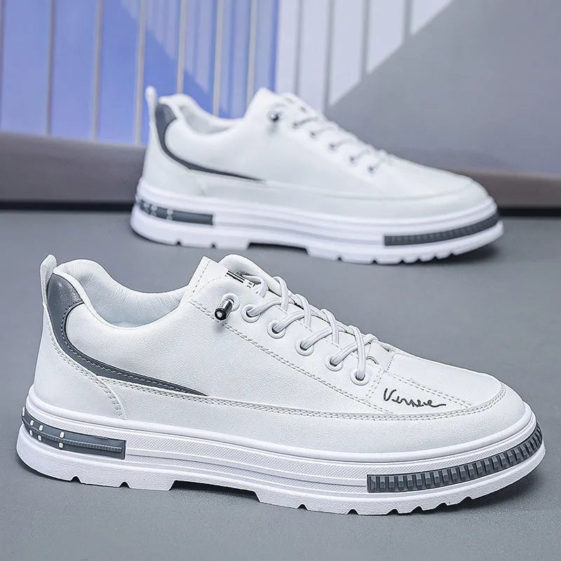 Men's white and black platform sneakers with elastic band closure and artificial PU upper