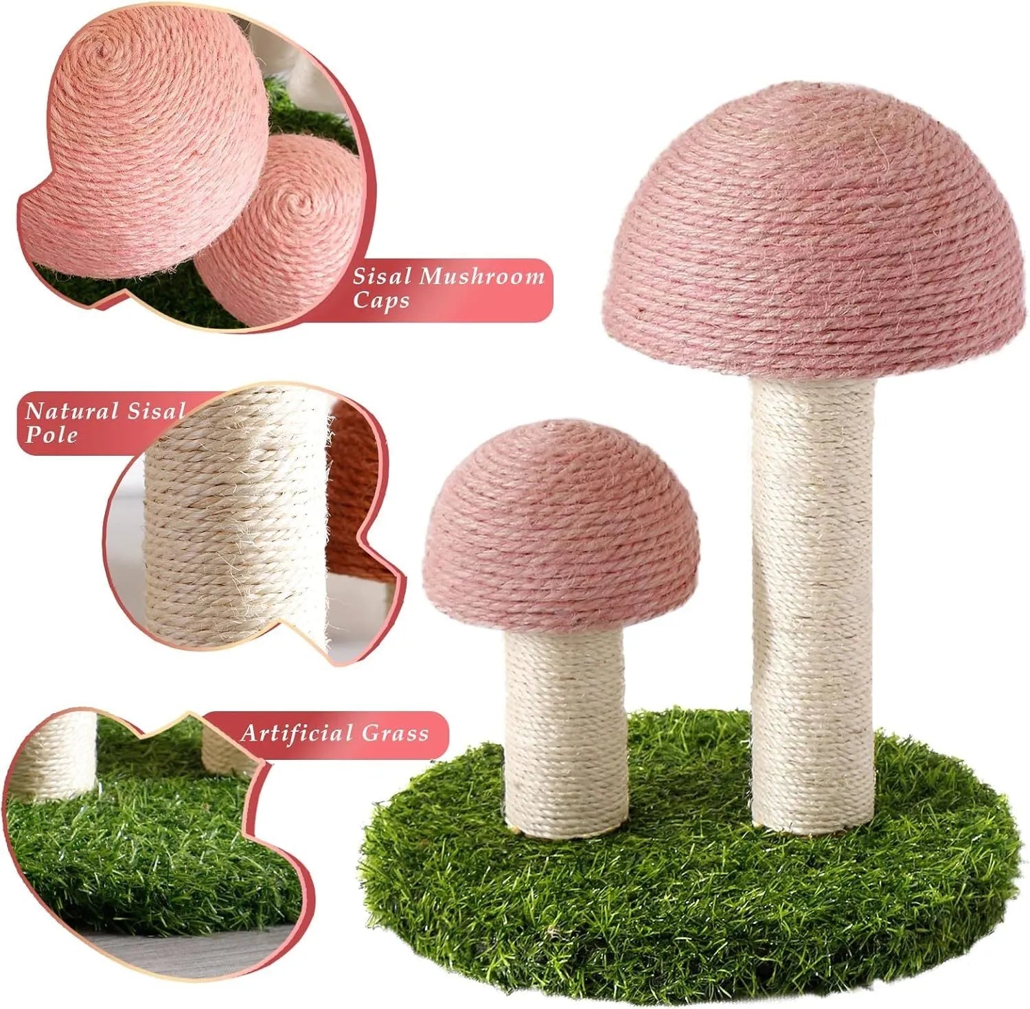 Pink mushroom-shaped cat scratching post with sisal caps for small cats