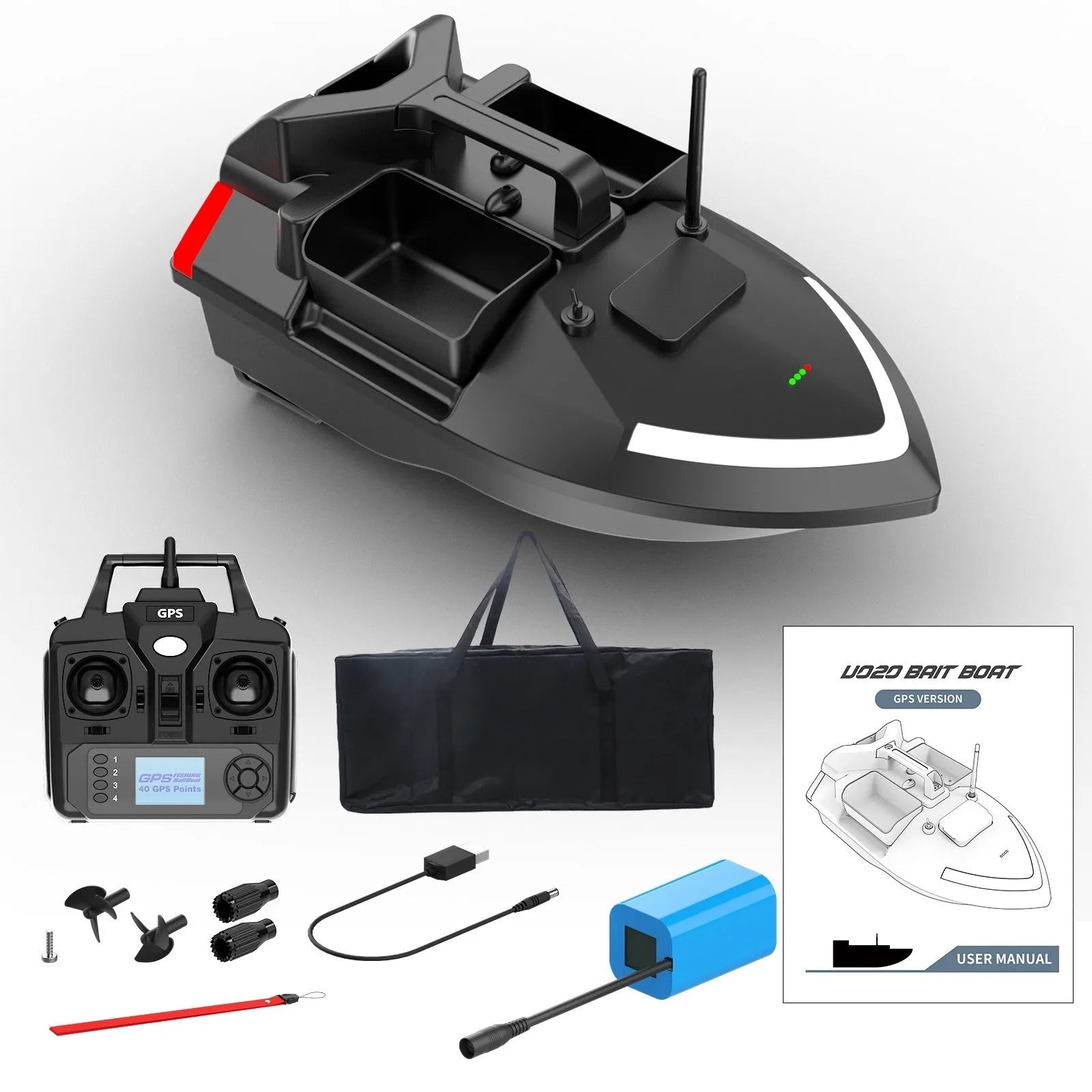 Black GPS remote control fishing boat with antenna and LED light on a calm lake.