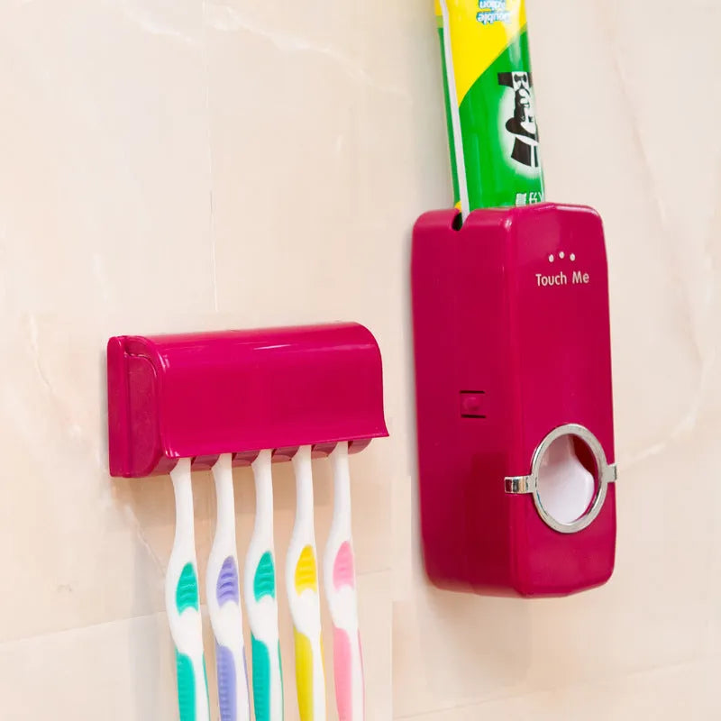 White and wine red adhesive plastic toothbrush holder for bathroom wall mounting.