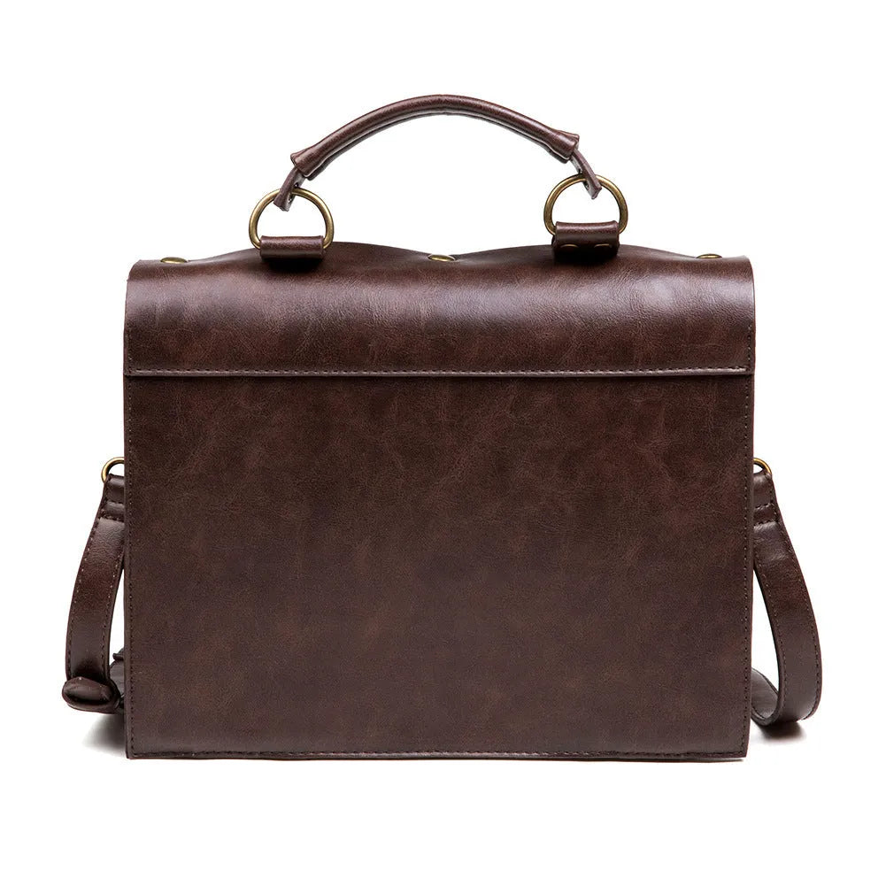 Bronze steampunk shoulder bag with textured PU, metal hardware, and square pillow shape.
