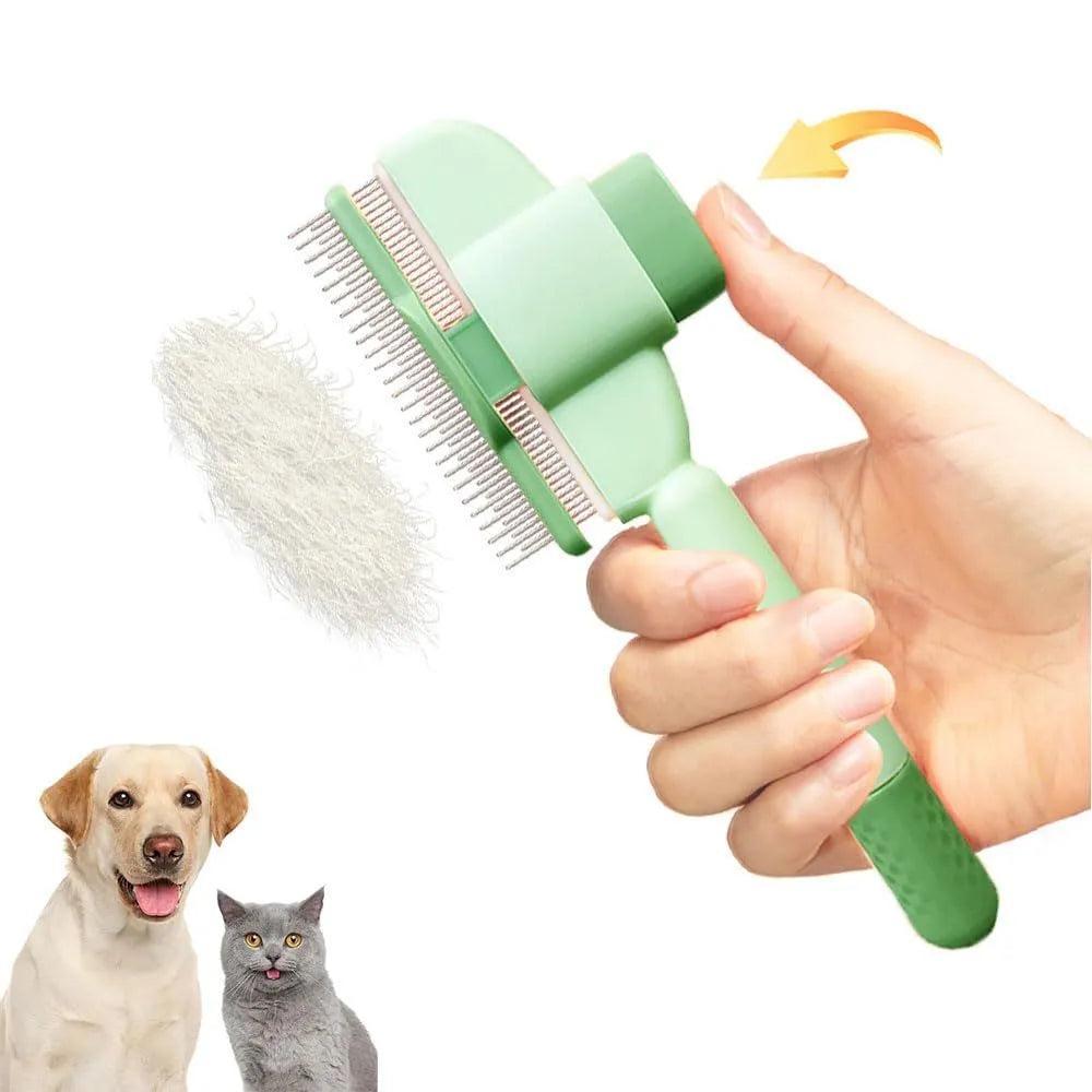Green and yellow self-cleaning pet comb with stainless steel teeth and a release button on the handle.