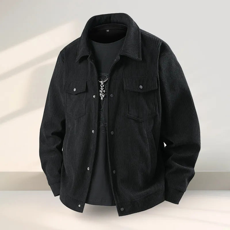 Men's slim-fit casual coat in black, shown on a model, featuring a structured design.