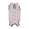Colourful polyester cat recovery suit with velcro straps for post-sterilisation wound protection.