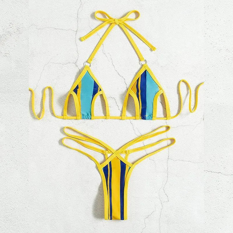 Yellow women's split swimsuit with backless hollow design and high-waist styling