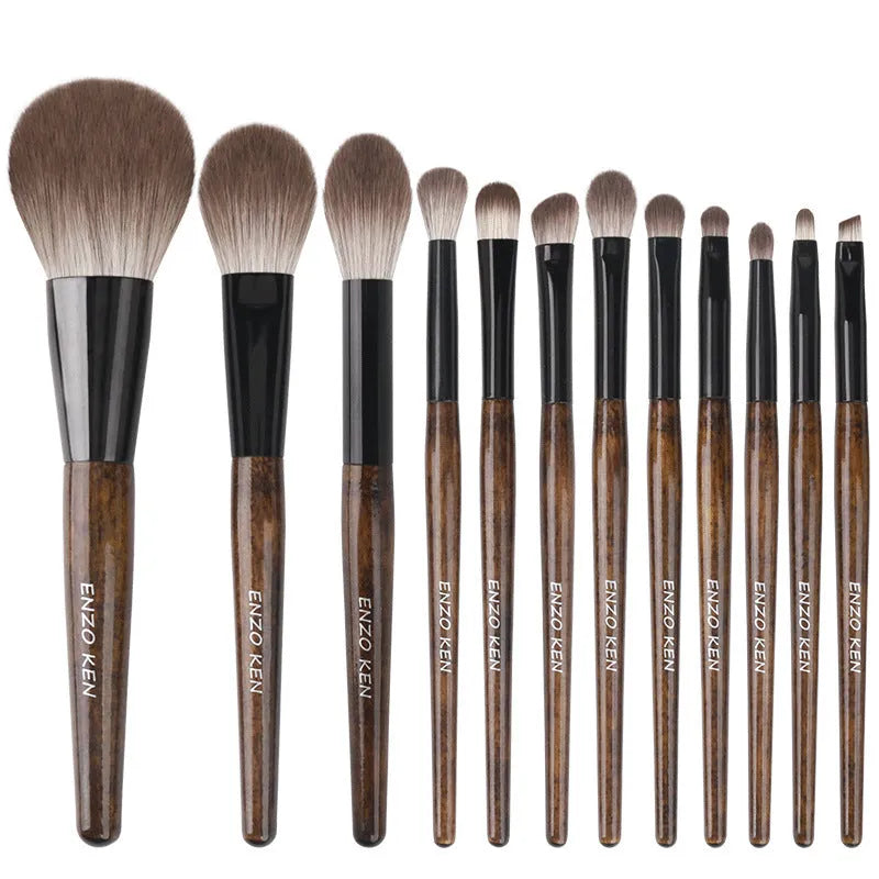 12 piece makeup brush set with wooden handles in PU organiser case