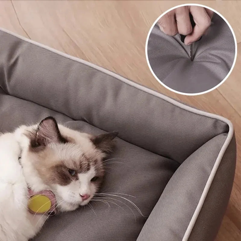 Grey waterproof dog sofa bed with raised edges, shown in a living room setting.