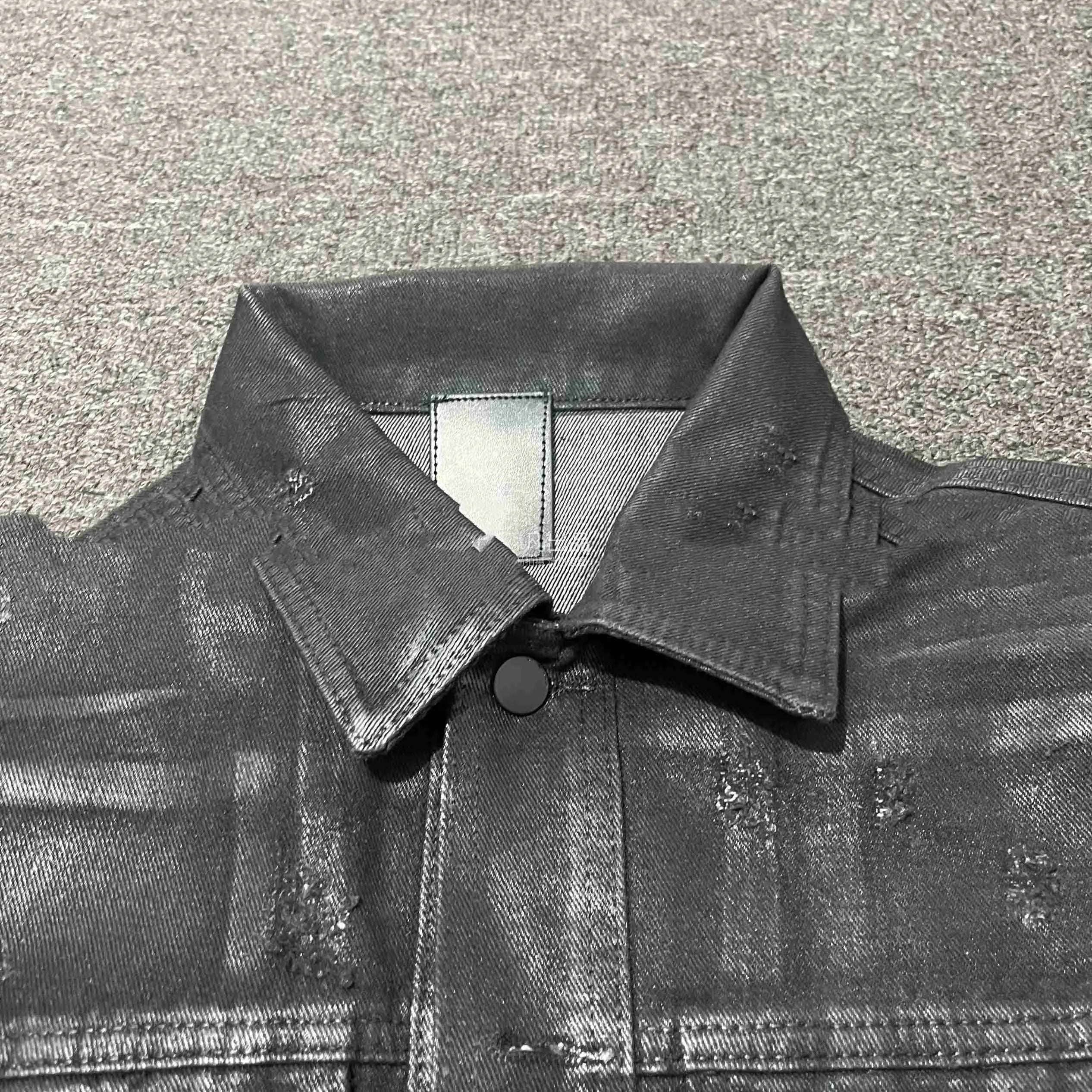 Black denim coat archive short slim jacket with lapel collar on model