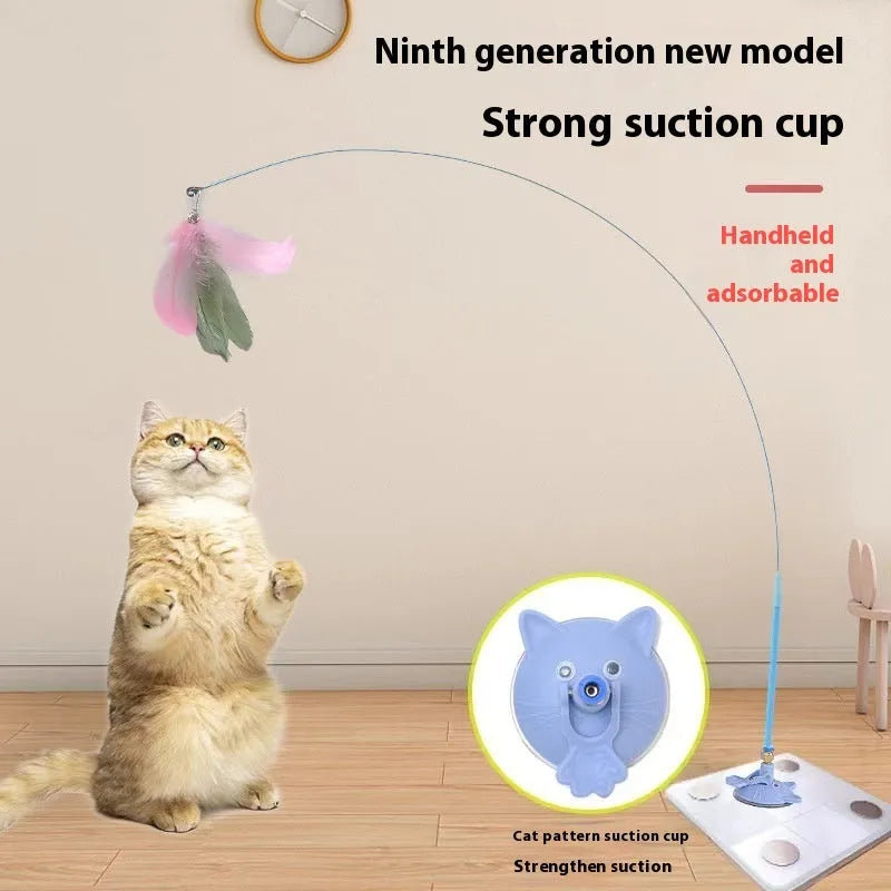 Cat teaser toy with suction cup mount, bell, and feather attachments in multiple colour variations