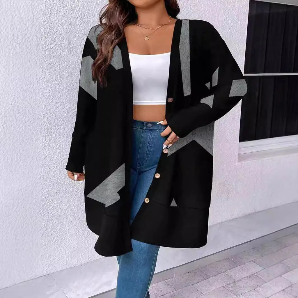 Black plus size casual cardigan coat with button stitching printing and regular sleeves