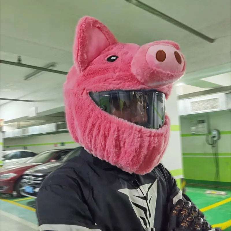 Pink cartoon plush motorcycle helmet protective hood made of PV velvet cloth.