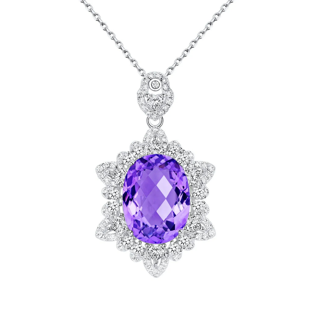 Natural amethyst necklace in 925 silver, geometric pendant, chain length 40+5cm, white silver colour