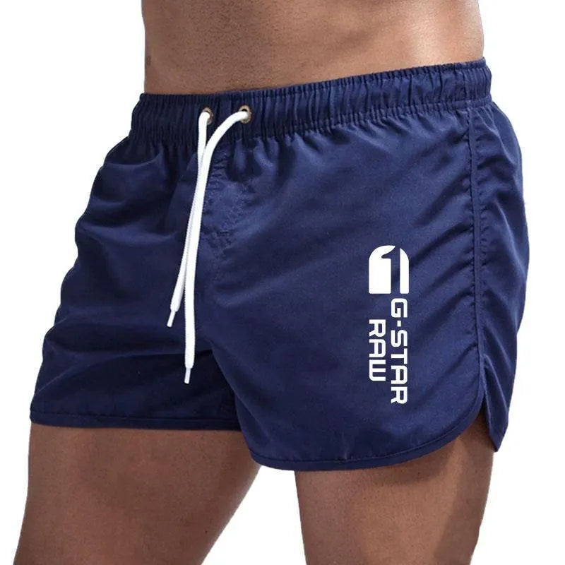 Man wearing thin polyester hemp blend beach shorts in fluorescent green, suitable for sports.