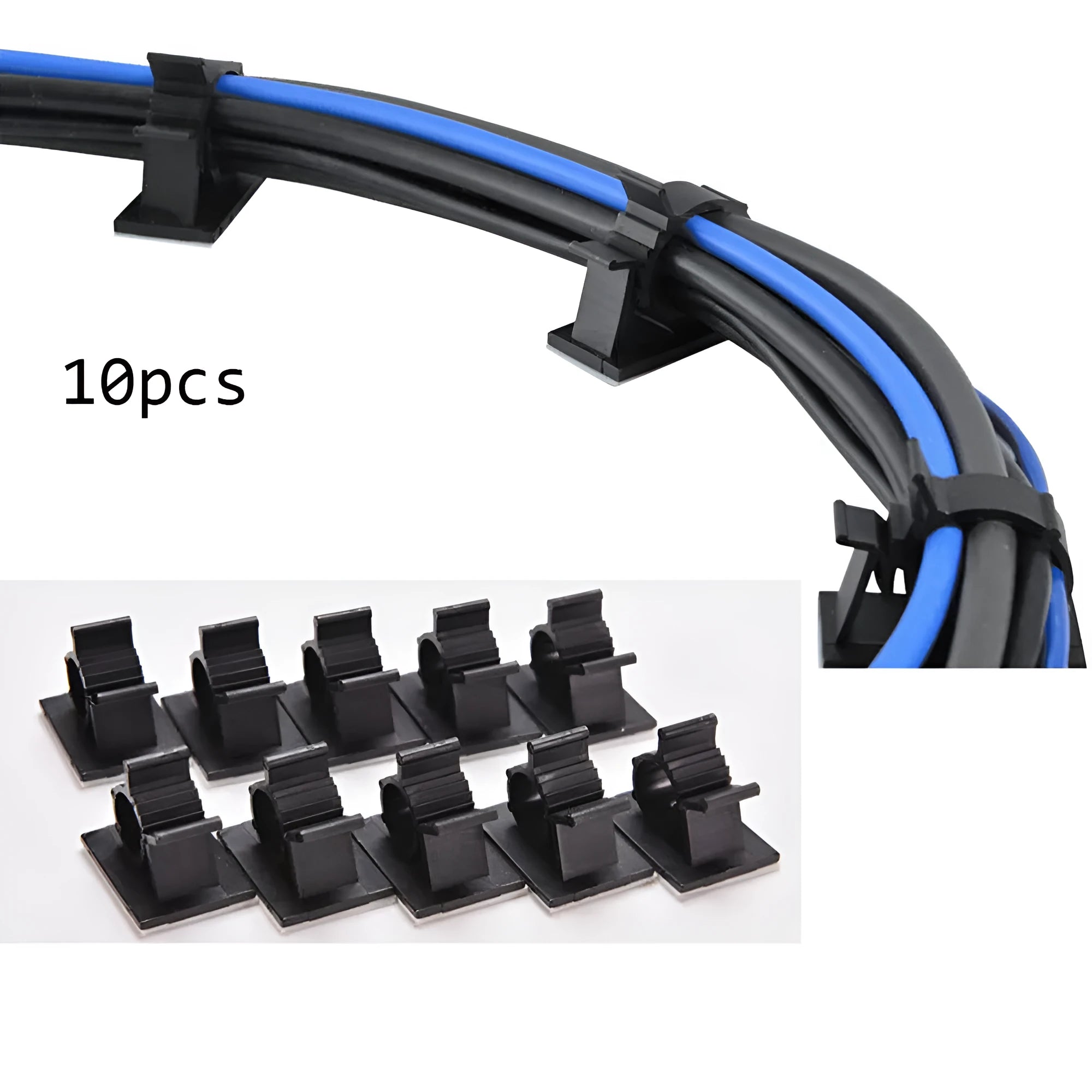 Ten black nylon adhesive cable clamps with two-stage lock design for 13mm cables.