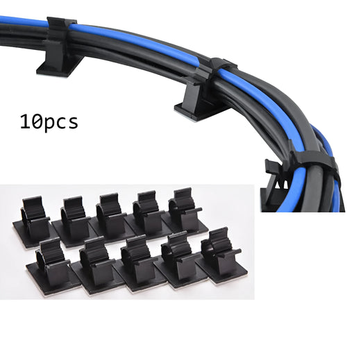 Ten black nylon adhesive cable clamps with two-stage lock design for 13mm cables.