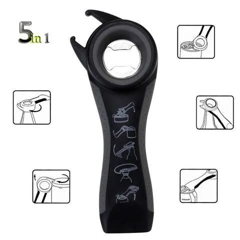 5-in-1 stainless steel can opener and beer bottle opener with black PP handle