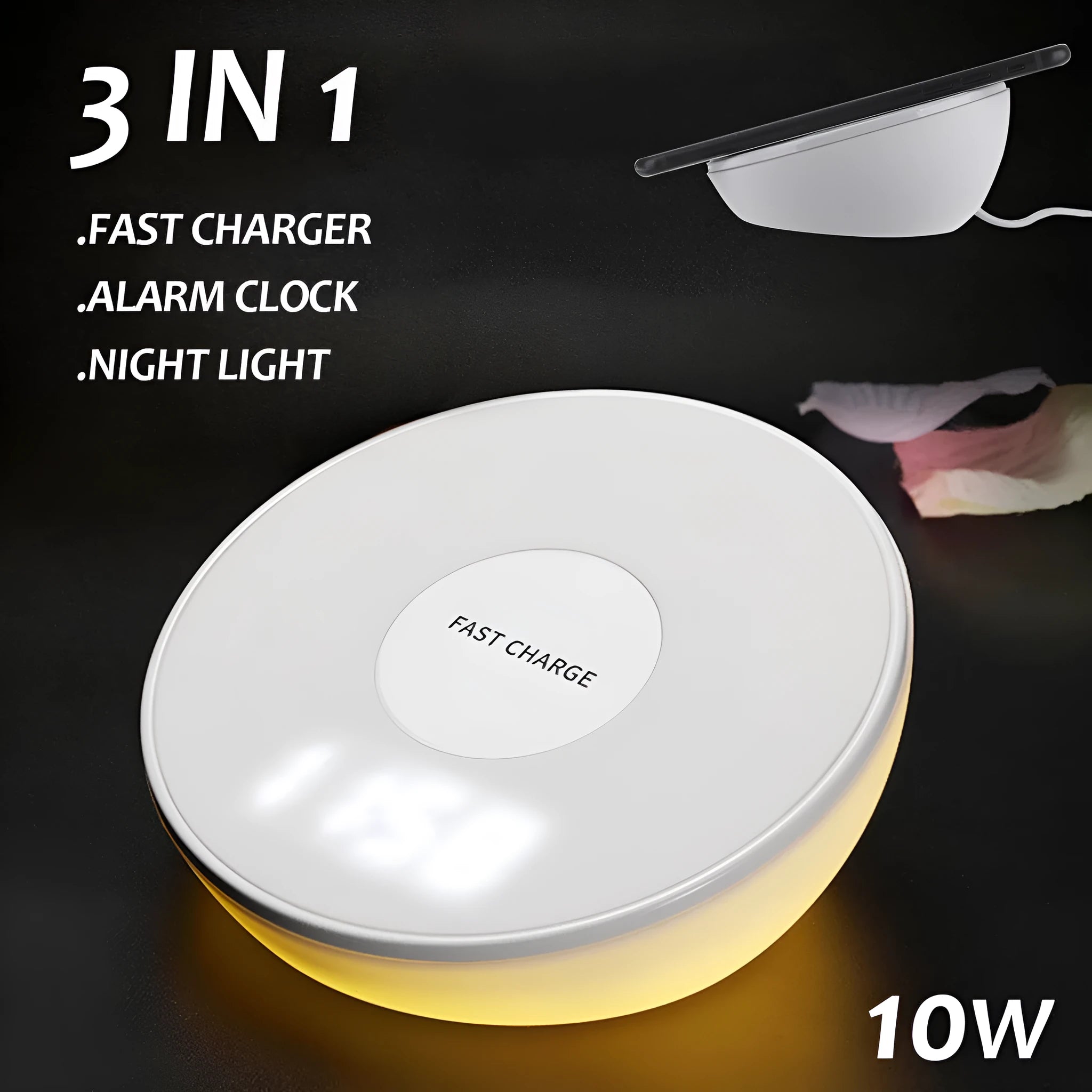 White wireless charger with digital clock display, alarm function and night light for QI smartphones