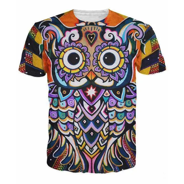 Men and women wearing a free-shipping 3D printed psychedelic animation owl O-neck T-shirt in summer style