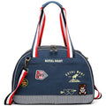 Blue denim pet carrier bag with cartoon pattern, measuring 43cm by 20cm by 30cm.