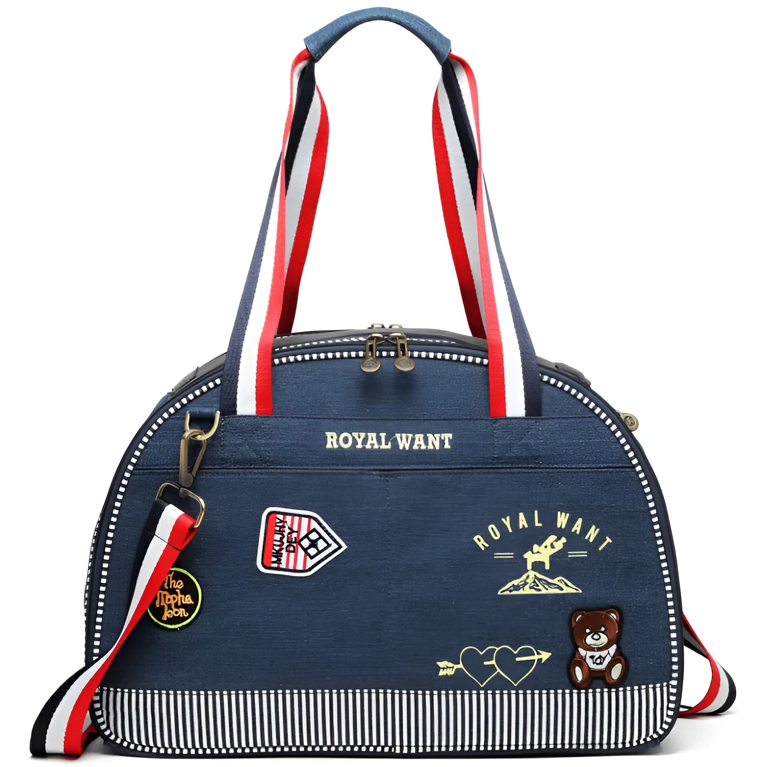 Blue denim pet carrier bag with cartoon pattern, measuring 43cm by 20cm by 30cm.