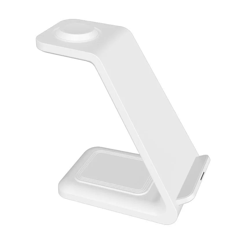 White upright 3-in-1 wireless charging stand holding a mobile phone in portrait orientation.