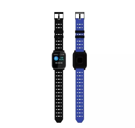 A6 smart bracelet with colour screen and silicone strap shown in black, blue, and orange colour options