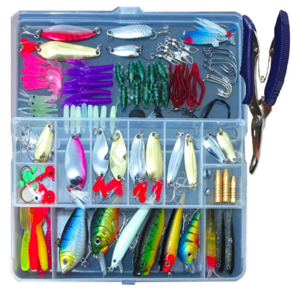 132-piece rose red fishing lure set with soft baits and steel hooks in compact packaging