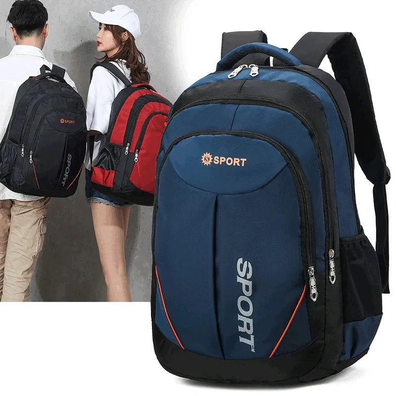 Men's large capacity nylon backpack in grey colour with curved shoulder straps and letter detailing