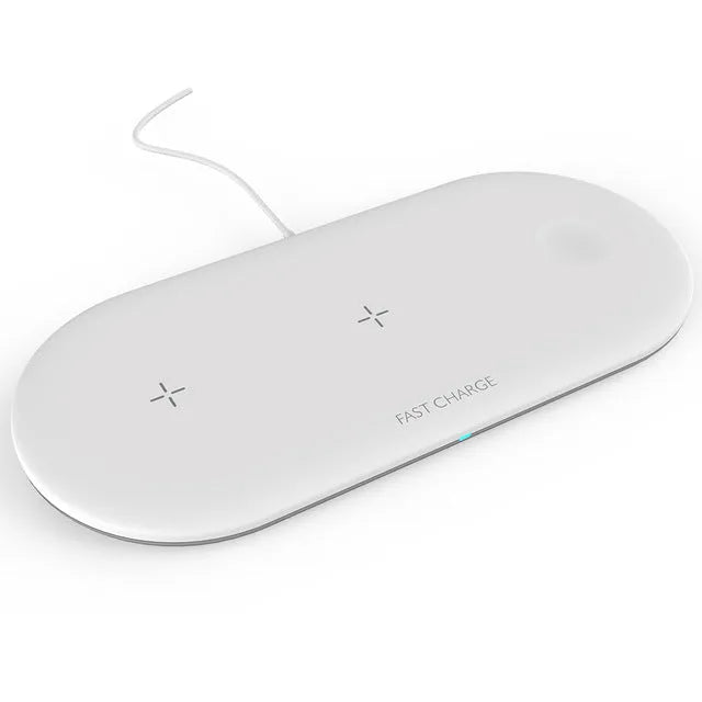 Black 3-in-1 wireless charging station for Apple phones, watches and earbuds on desk