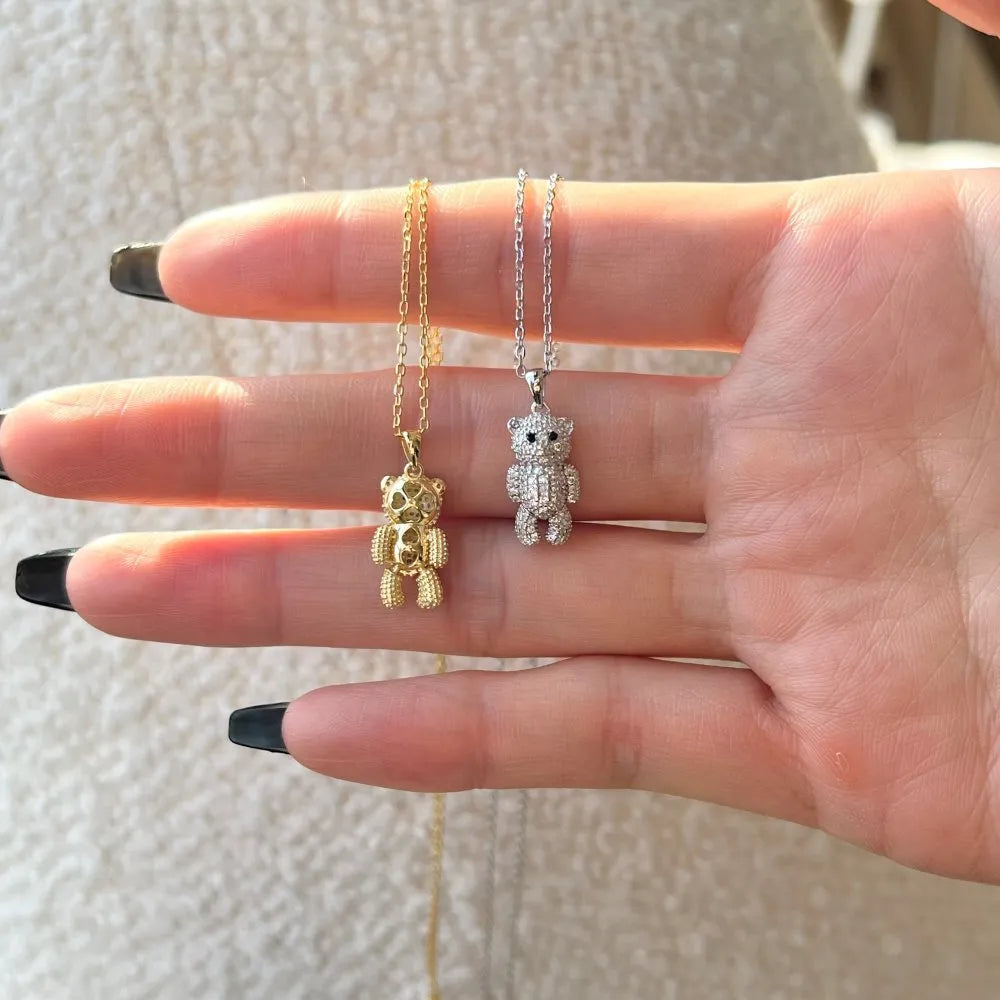 925 silver clavicle necklace with a cute geometric bear pendant in gold or white gold colour for women