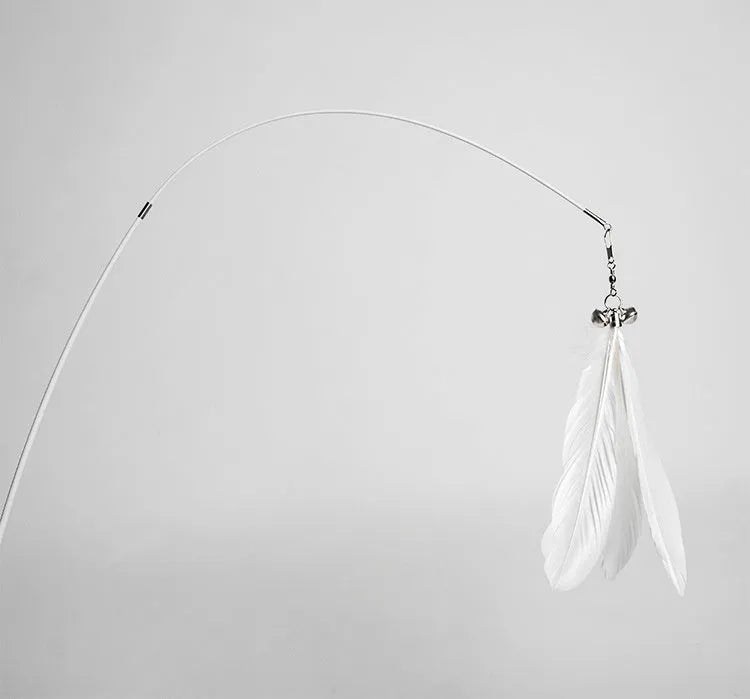 Telescopic cat fishing rod toy with goose feather teaser and bell, shown extended and collapsed.