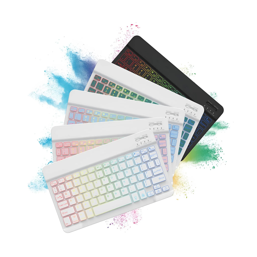 10-inch wireless Bluetooth keyboard with colourful backlighting for tablets, shown in black case.