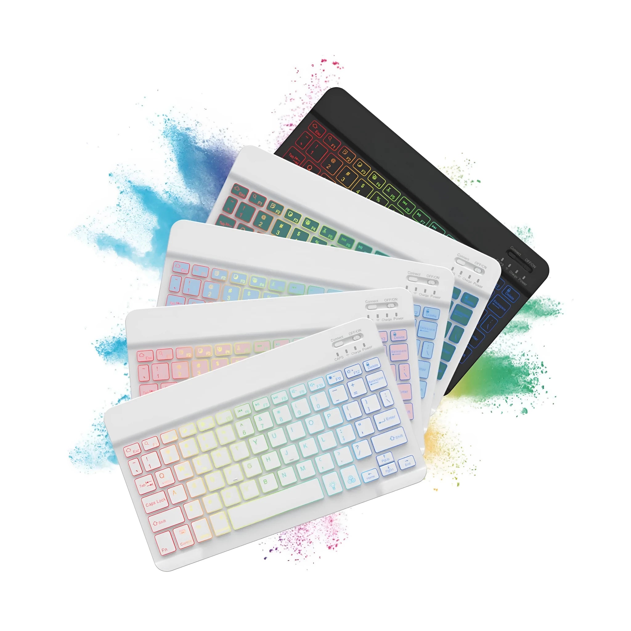 10-inch wireless Bluetooth keyboard with colourful backlighting for tablets, shown in black case.