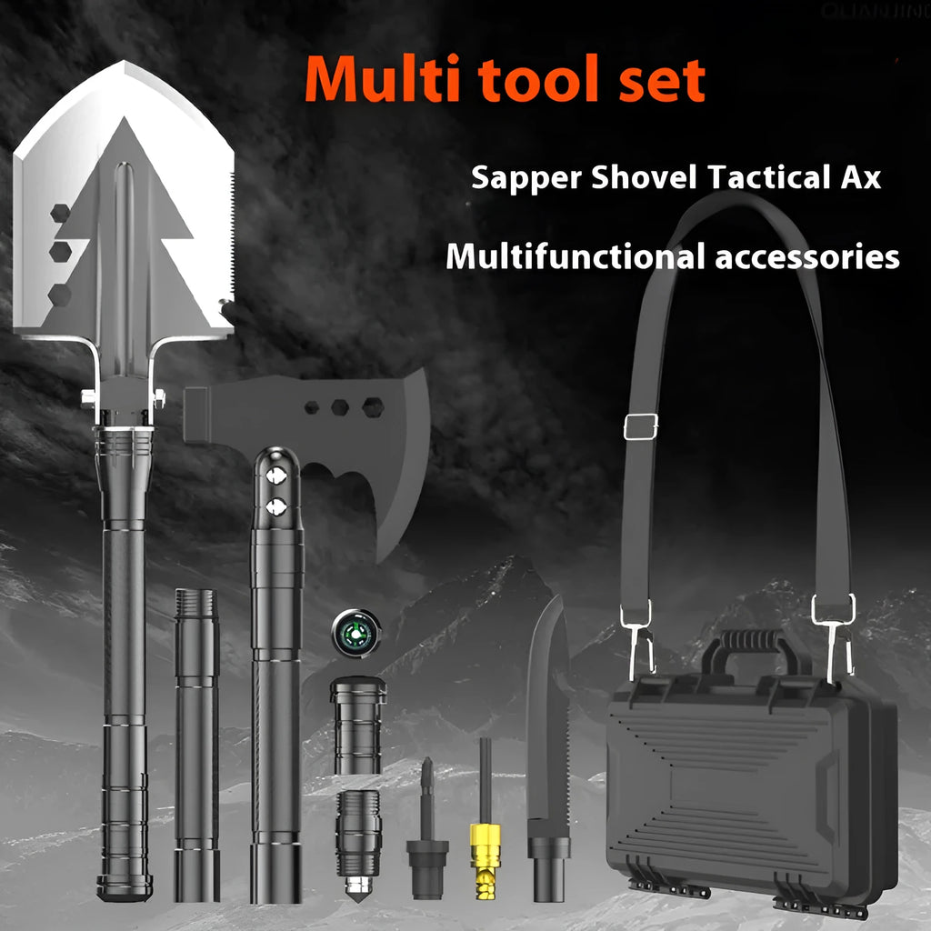 Black 80cm military shovel set with axe, knife, and multiple survival accessories in storage case