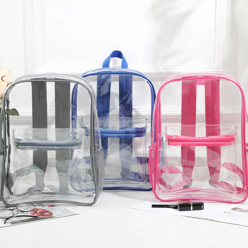 Transparent large PVC travel backpack in sapphire blue colour, showing interior contents.